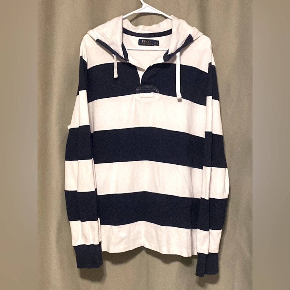 Polo Ralph Lauren Striped Navy Blue White Rugby Style Sweatshirt Hoodie Men’s XL